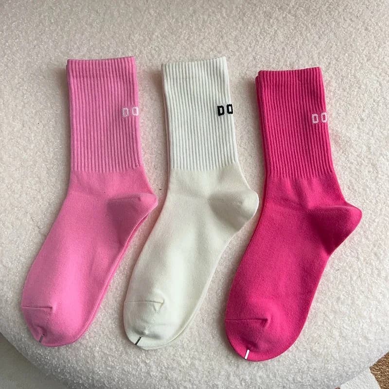3Pairs Set Women's Pink Mid-Tube Long Socks Cotton Bottomed Letter Print Sports Stockings for Spring Autumn Wear