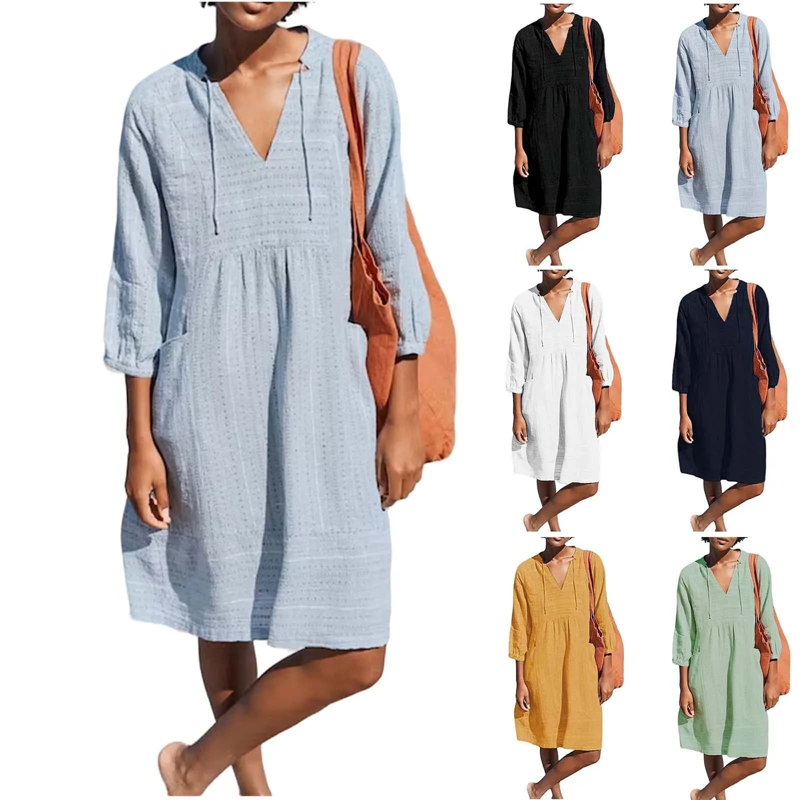 Casual Elegant V-Neck Dress Spring 2026 Loose Fit with Pockets Modern Style Polyester A-Line Skirt Seven Sleeve Length