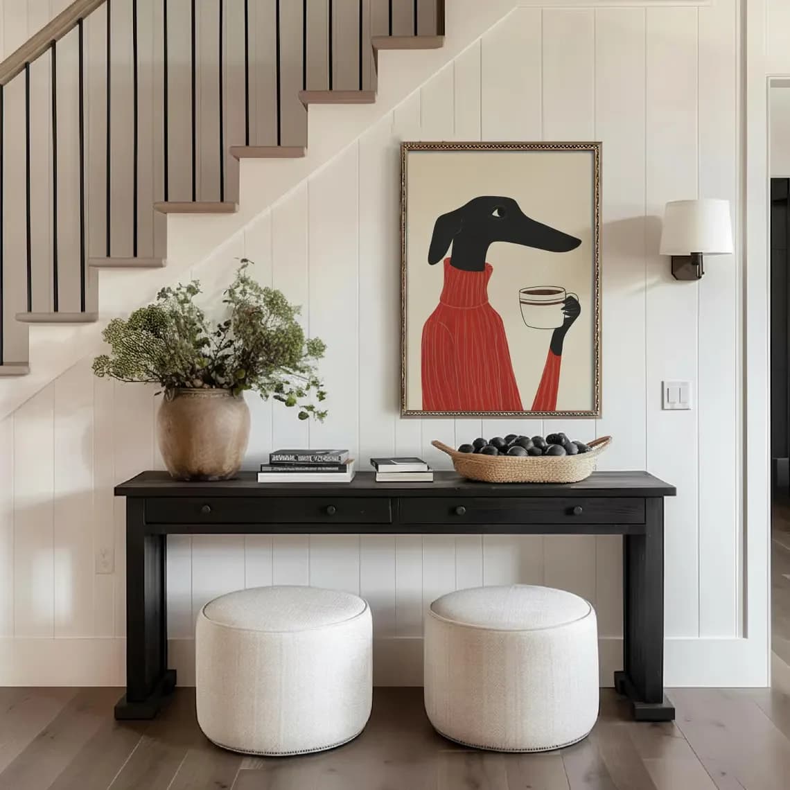 “Chic Black Hound Dog Wall Art Print - Elegante canino in maglione a collo alto rosso con una tazza da caffè | Illusione moderna e minimalista