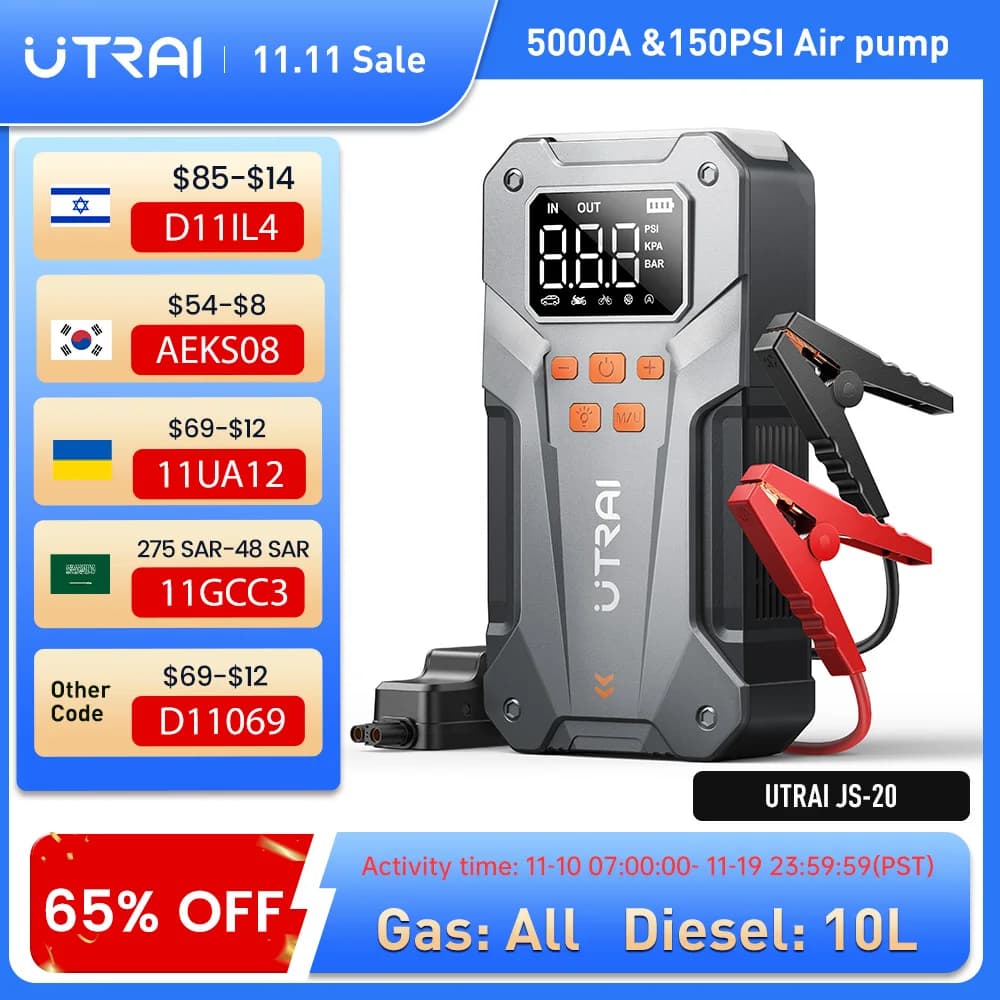 Avviatore di emergenza UTRAI 150PSI 5000A con compressore d'aria per tutti i motori a gas e diesel da 10,0 litri Dispositivo di avviamento per auto