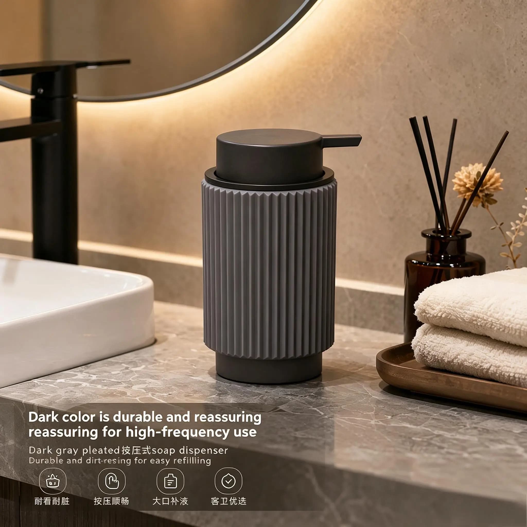 Dispenser di Sapone BATHLUX 3D in ABS Scanalato, Antiscivolo, Ricaricabile, Stile Moderno e Minimalista, Accessorio per Bagno e Cucina