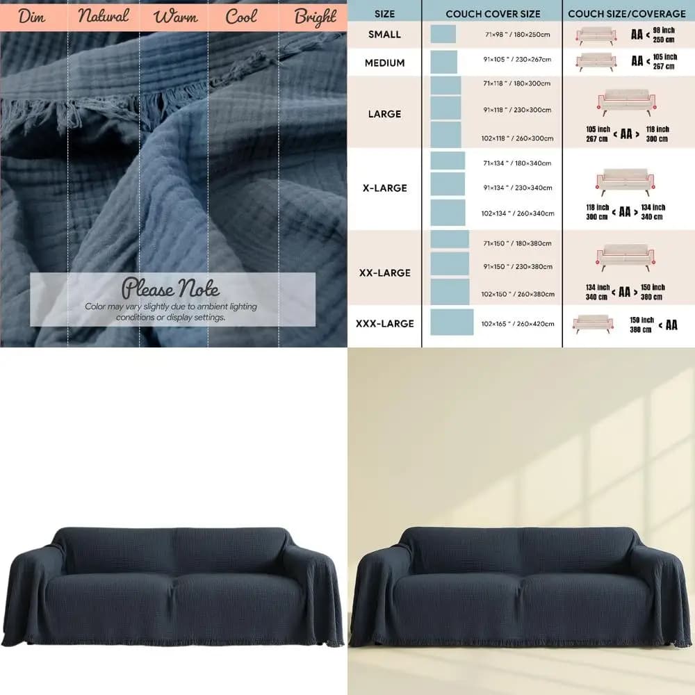 Copridivano Lavabile in Cotone 100% Naturale, Stile Boho, Mussola a 4 Strati, Blu Spazio, 102x150/260x380cm