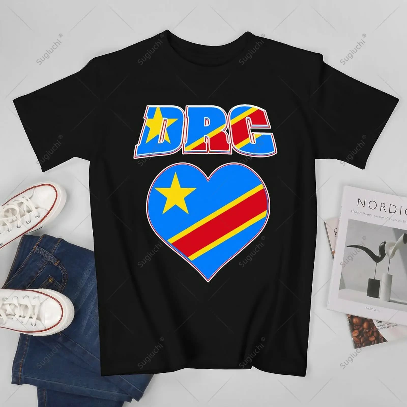 Men Congolese Flag DRC Africa Democratic Republic Of Congo Heart-Shaped Tshirt Tees T Shirts Women Boys 100% Cotton T-Shirt