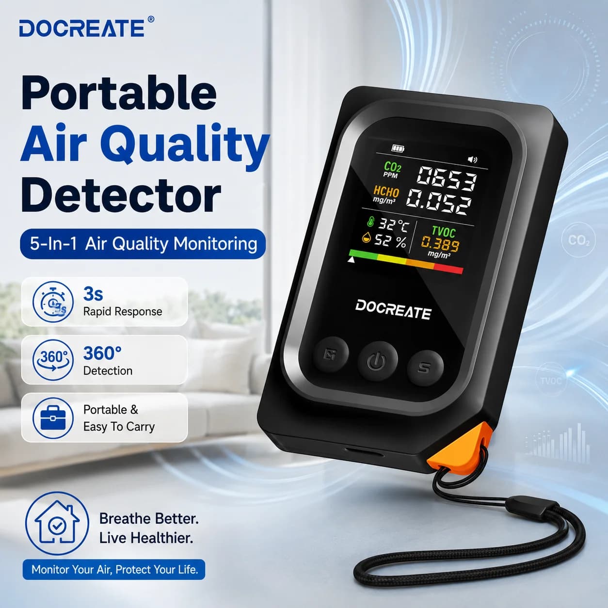 DOCREATE Portable Air Quality Detector 5 In 1 CO2 HCHO TVOC Temperature Humidity Monitor With 1000mAh Battery