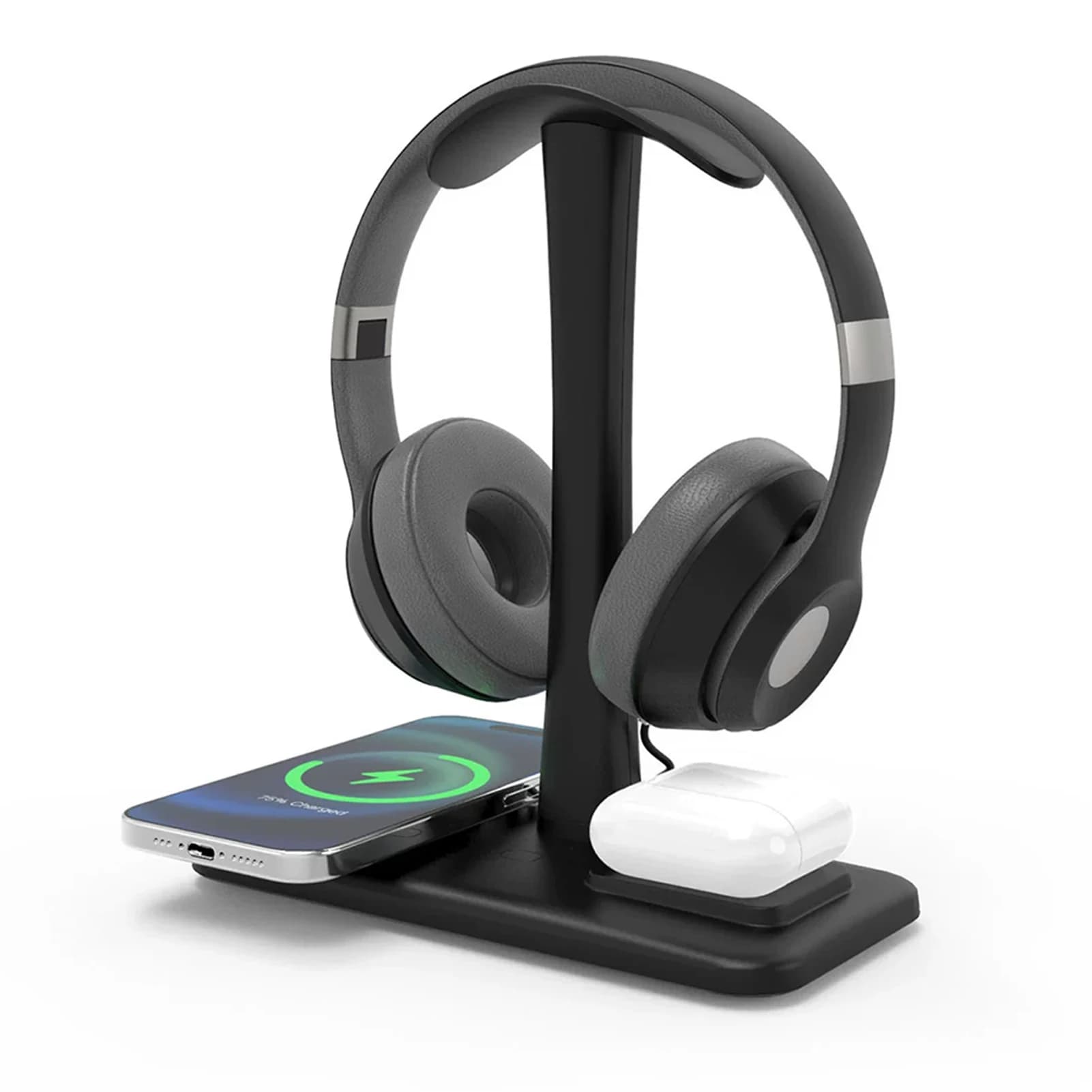 Supporto per cuffie doppio con porta USB e caricatore wireless, progettato per uffici e sale e-sport, facile da usare.