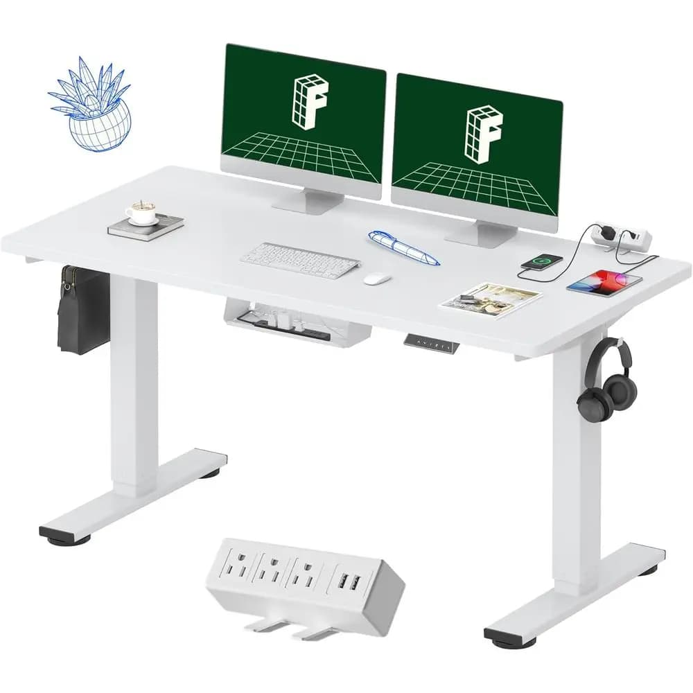 Scrivania Regolabile in Altezza Elettrica, Piano Bianco 55x28, Gestione Cavi, Confezione da 2