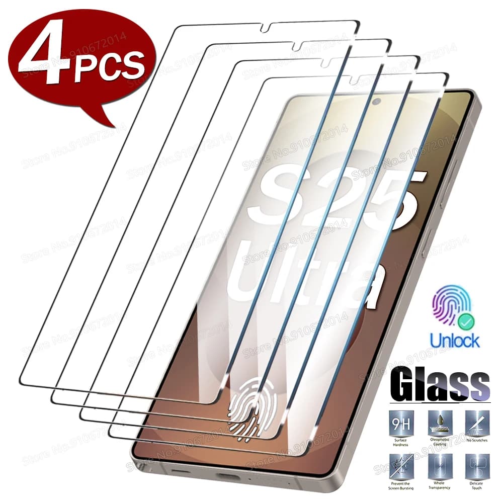 4PCS Protezione dello schermo in vetro temperato per sblocco delle impronte digitali per Samsung Galaxy S25 Edge S22 S23 S24 Ultra Plus S21 S20 FE Pellicola trasparente