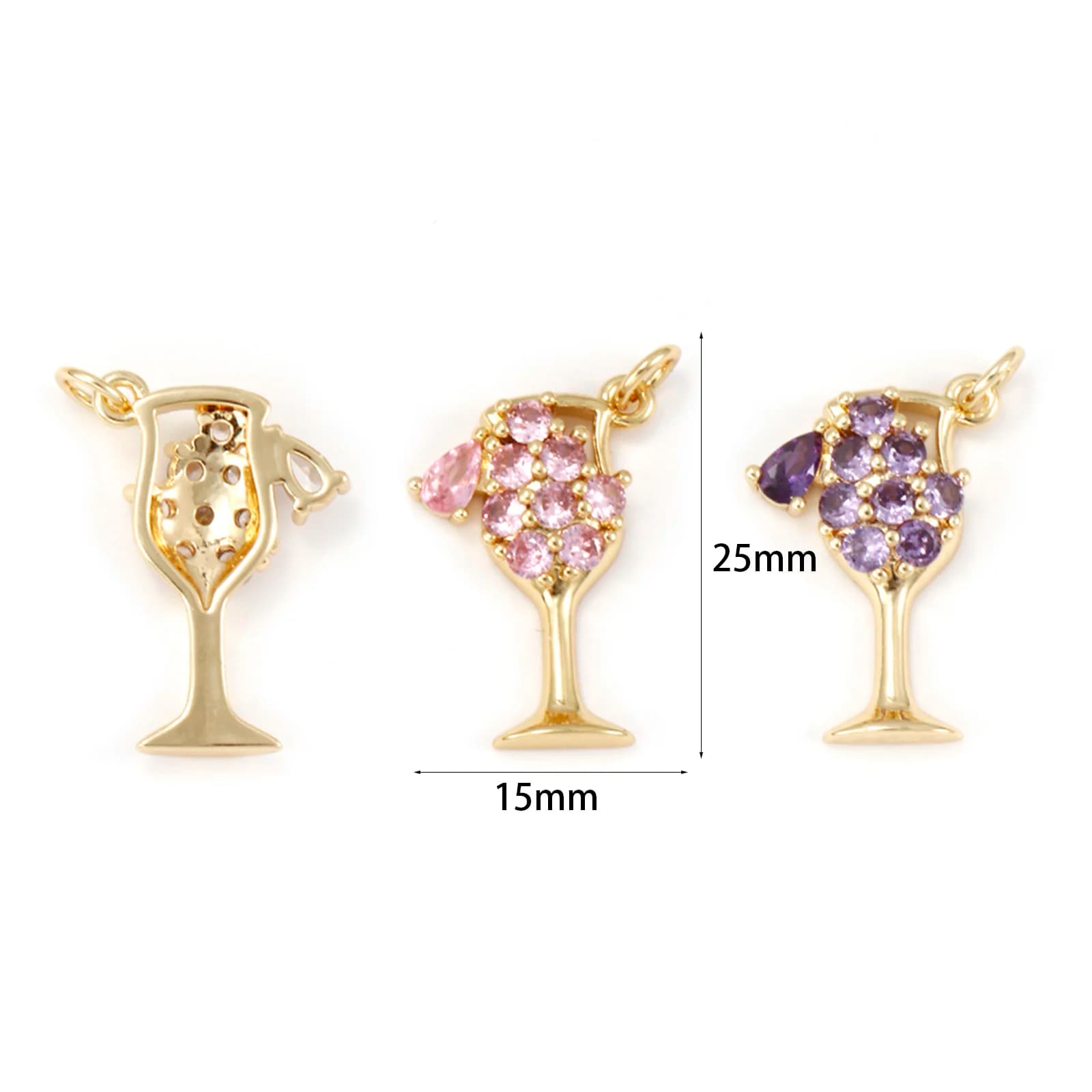 1 pezzo di ciondoli in ottone placcato oro 18 carati bicchiere di vino cavo multicolore ciondolo con zirconi cubici per collana fai da te creazione di gioielli 25x15mm
