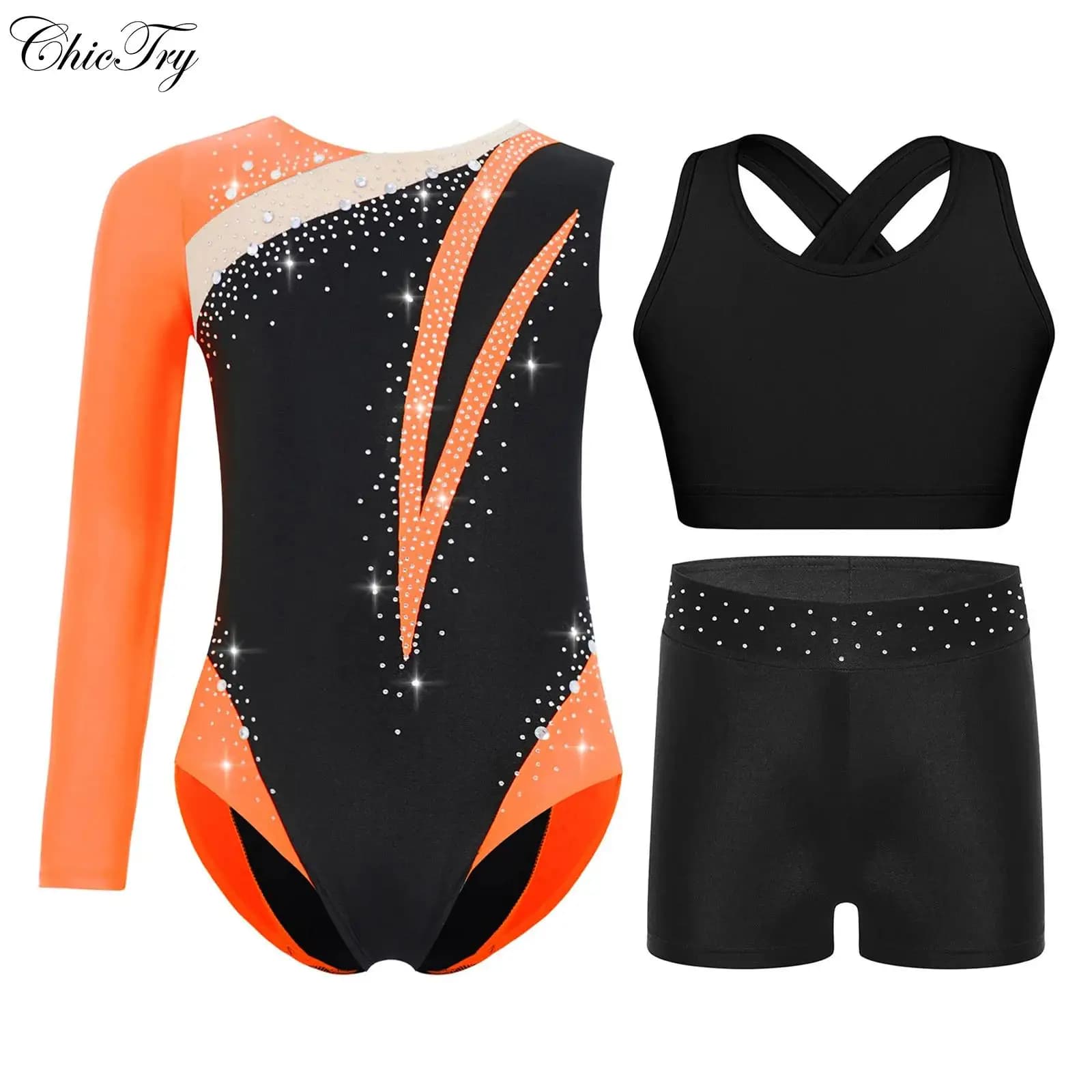Set da ballo per ginnastica per bambina, completo da pattinaggio di figura, body asimmetrico con strass, con gilet e pantaloncini con buco della serratura incrociato sul retro