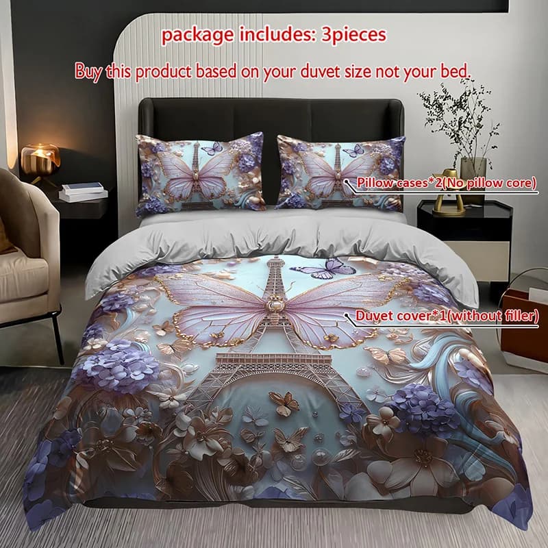 Set of floral bedding duvet with 3 piece Parisian Eiffel Tower butterfly Set quilt for stylish bed linen with luxury Eiffel Tower butterfly