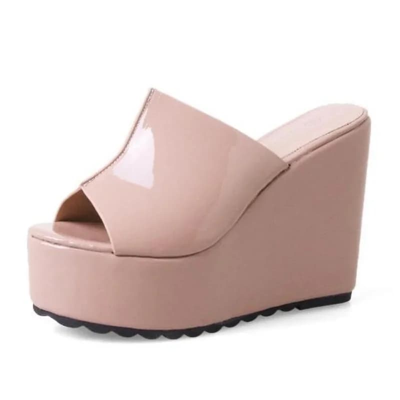 Pantofole con zeppa peep toe in pelle concisa estiva Sandali da donna 12 cm Tacchi alti Scarpe con plateau femminili Pantofole da donna