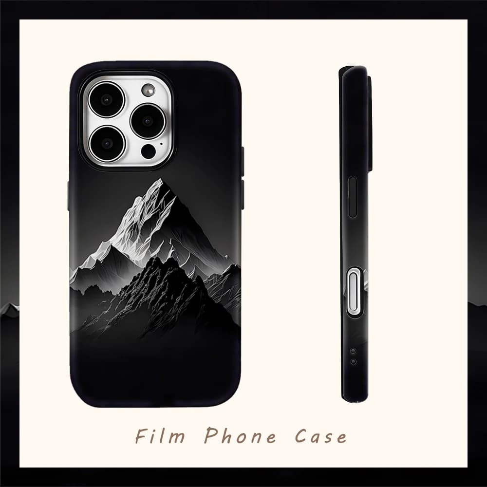 Custodia Minimal Black Mountain per iPhone 17AIR 16E 16 15 14 13 12 11 17 Pro Max Plus, Cover Posteriore a Doppio Strato