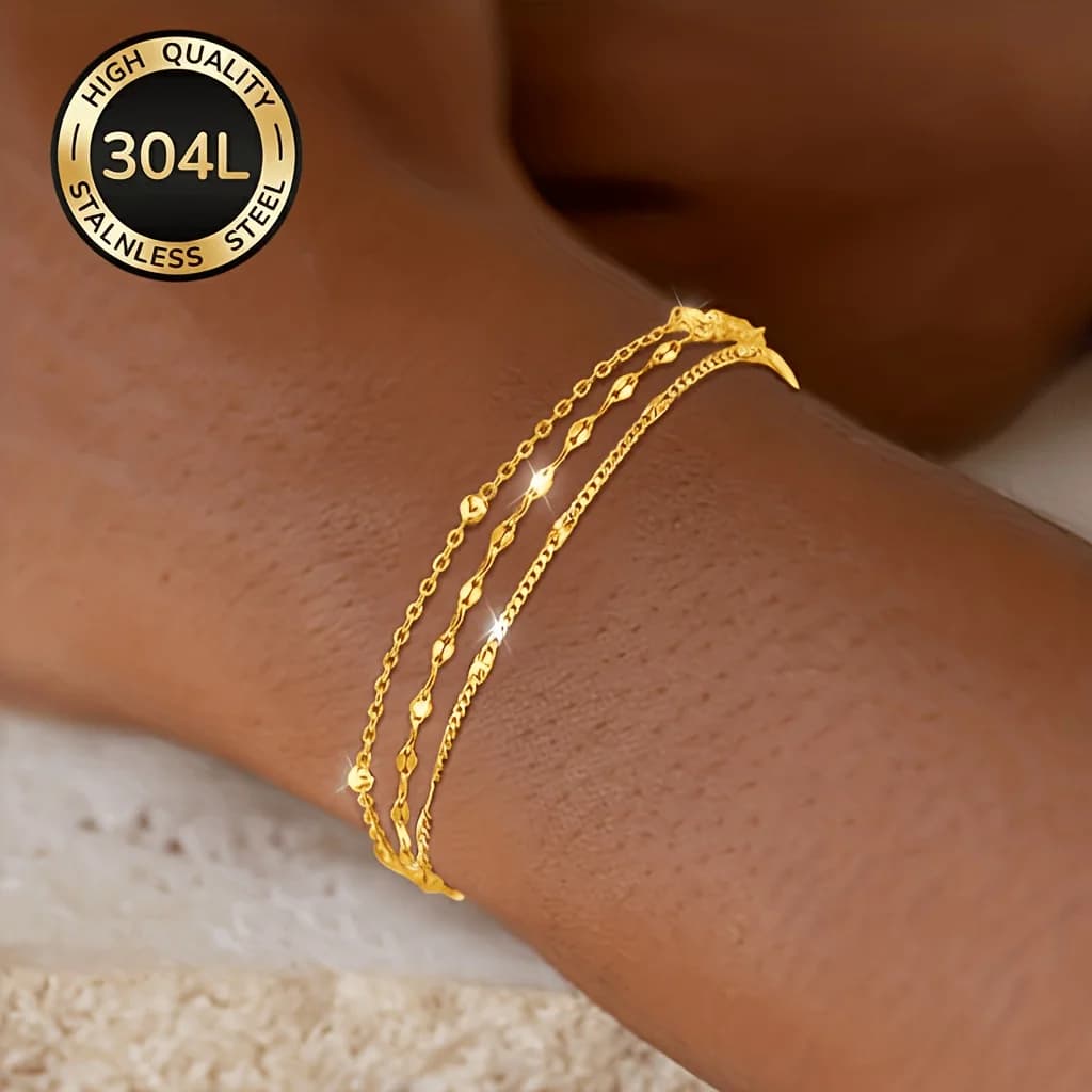 3 Pieces of 18K Gold-Plated 304L Stainless Steel Women's Bracelets, Elegant and Luxurious Non-Fading Women's Jewelry Set, Suitable for Daily Wear, Party Wear, Birthday Gifts