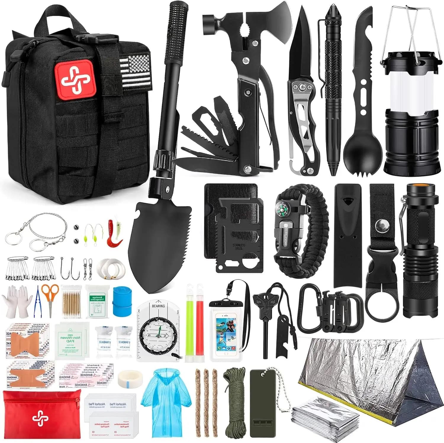 Kit di Sopravvivenza d'Emergenza da 250 Pezzi con Pronto Soccorso, Borsa Molle e Tenda per Avventure all'Aperto e Preparazione alle Emergenze