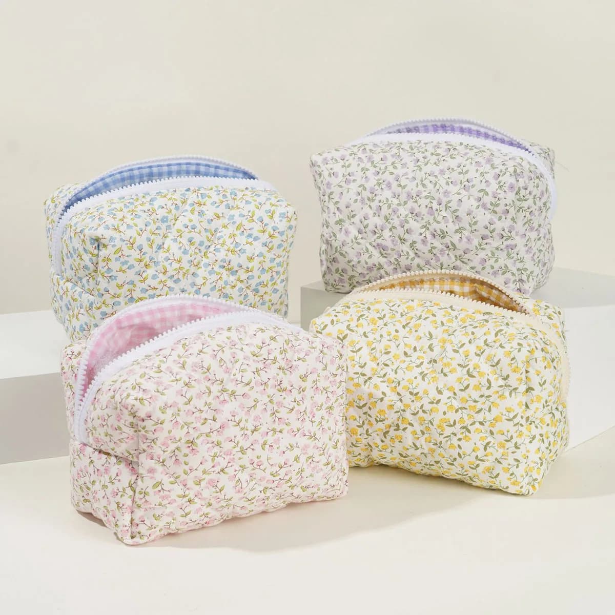 Soft Quilted Floral Makeup Bag Portable Cotton Travel Cosmetic Pouch Zipper Toiletry Storage Organizer for Women