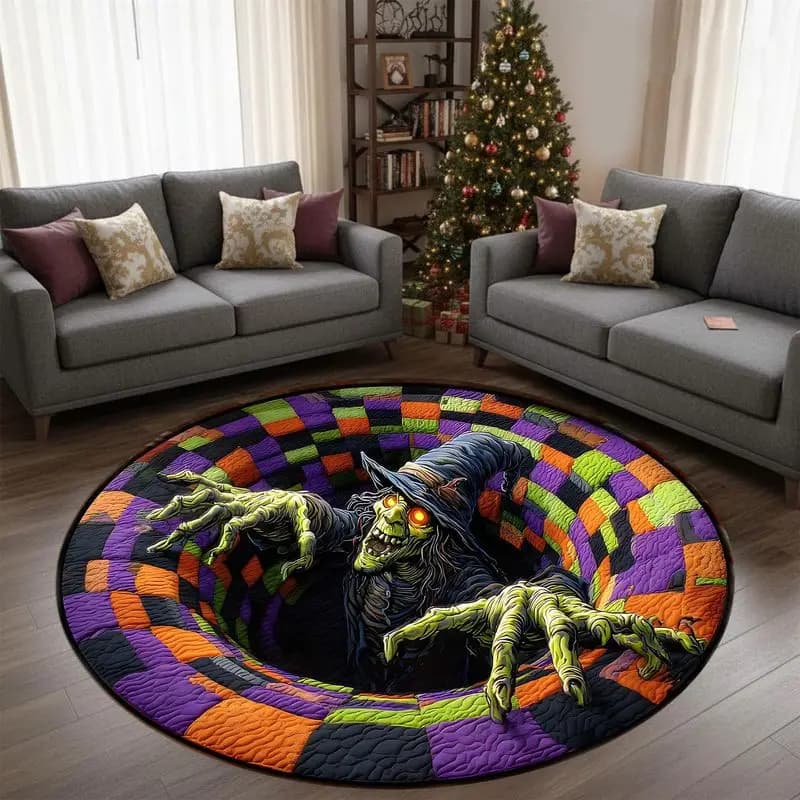 VIKAMA 3D Optical Illusion Witch Round Rug, Spooky Halloween Non-Slip Carpet, Living Room Holiday Decor Floor Mat