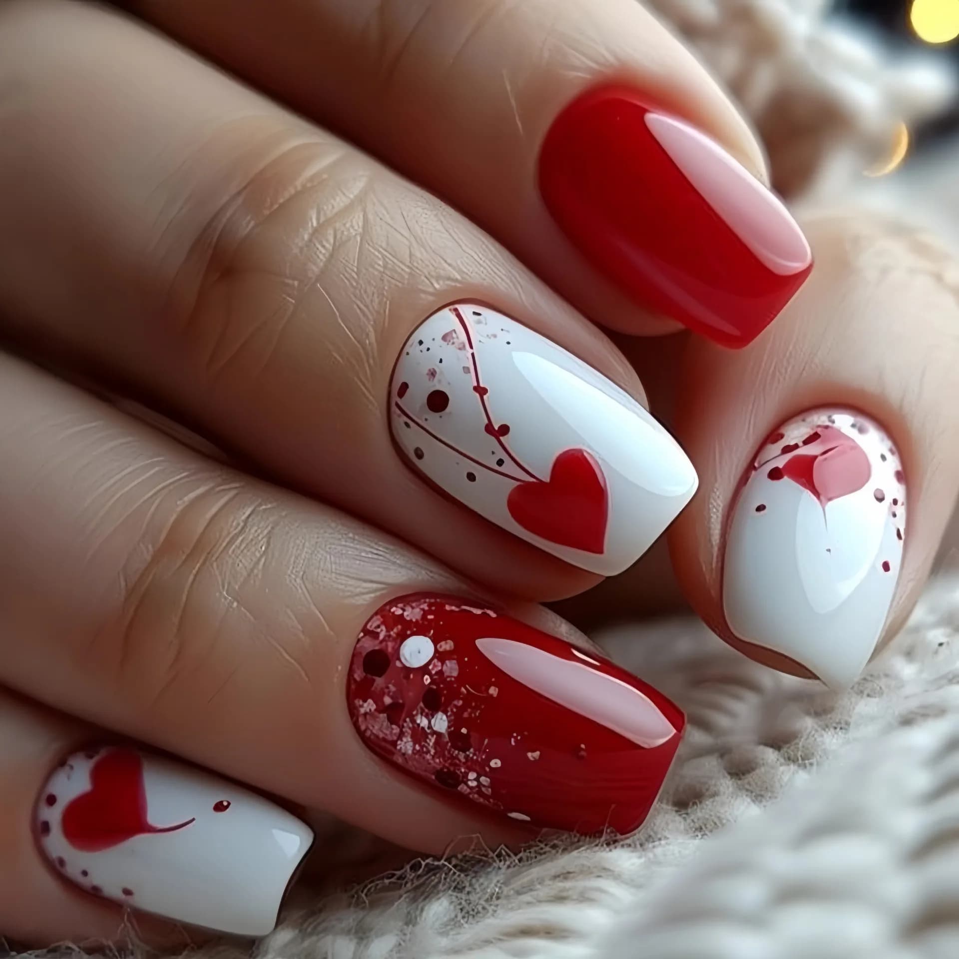 Medium short fake nails for women and girls, pink red heart shaded for Valentine's Day, sparkling tips, print on set of fake nails