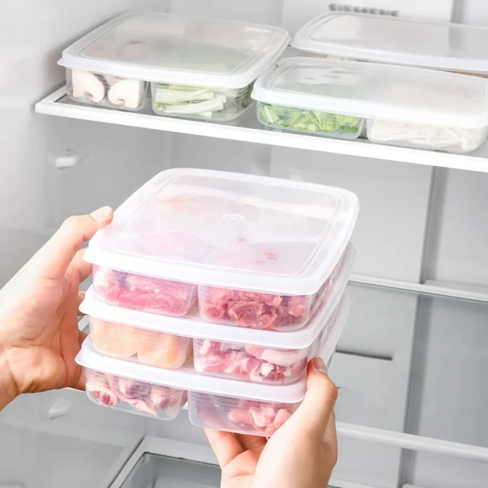 Contenitore per Alimenti in Materiale PP con 4 Scomparti, Riutilizzabile, Impilabile, con Coperchio, per Frigorifero