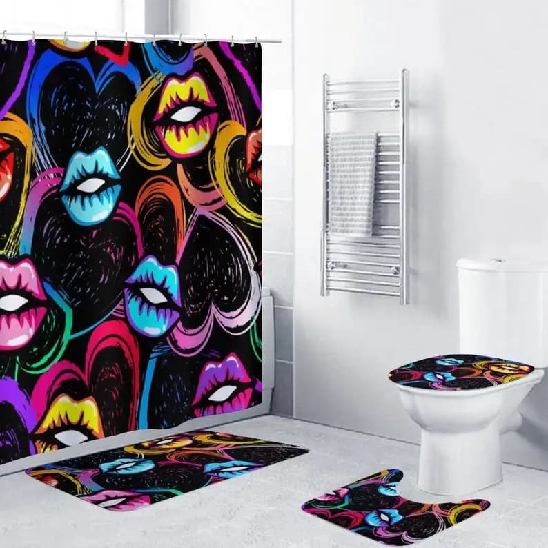 Set da 4 pezzi per bagno con labbra sfumate, set di tende da doccia, tappetino + tappetino per WC + tappetino a U, arredamento per il bagno, regali decorativi