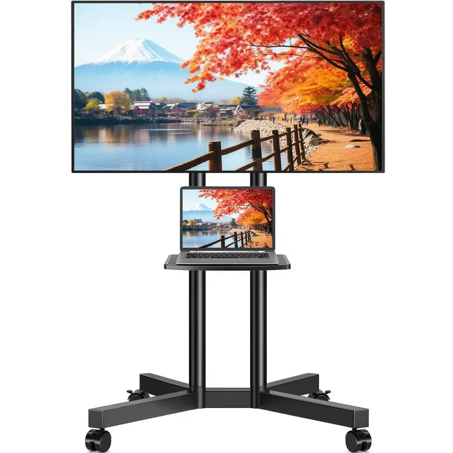 Supporto TV Mobile con Ripiano per Laptop, Carrello TV con Ruote Migliorate per TV da 32-75 Pollici, Altezza Regolabile