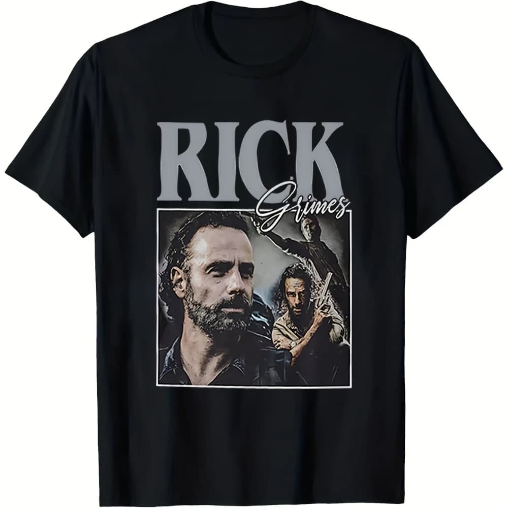 T-Shirt Oversize in Cotone Nero di Rick Grimes con Stampa del Ritratto e Firma, Regalo per Fan della Serie TV, Abbigliamento Casual