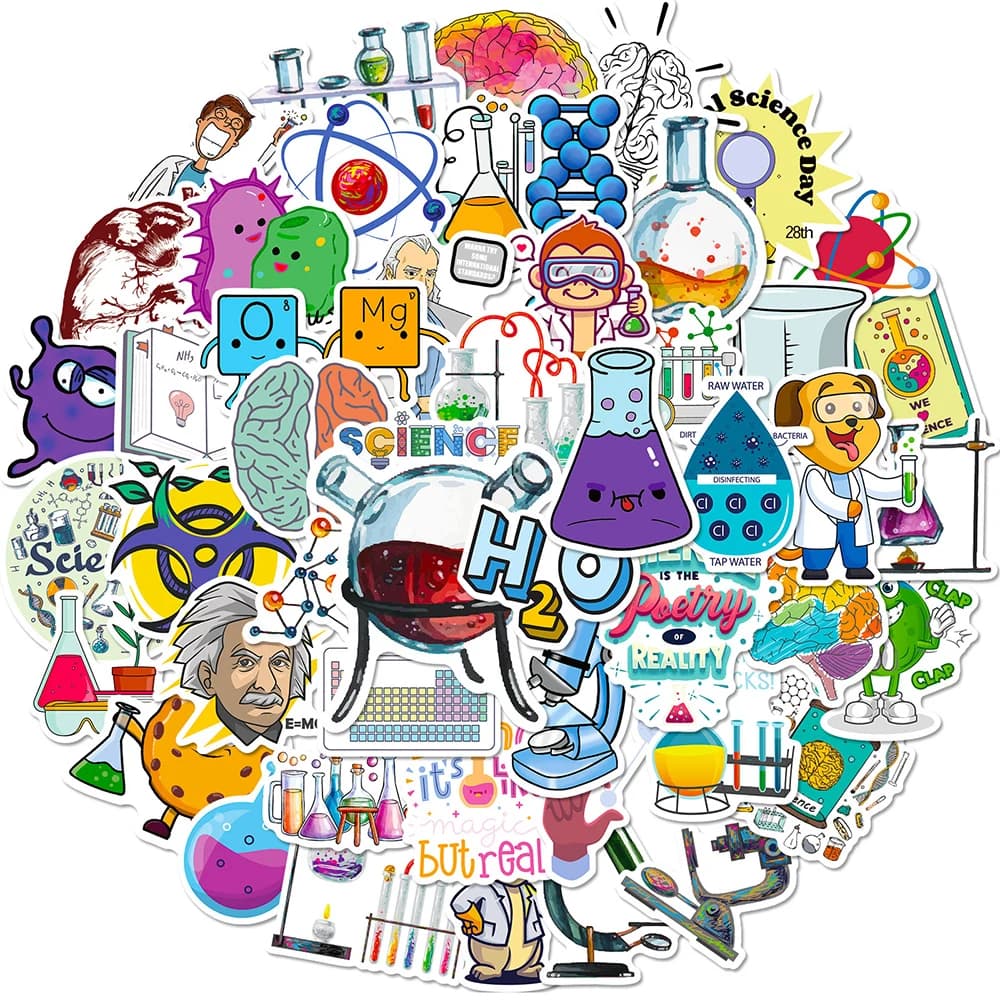 10/30/50/100pcs scienza chimica biologia laboratorio adesivi per cartoni animati Notebook telefono Laptop chitarra auto decorazione adesivo giocattolo