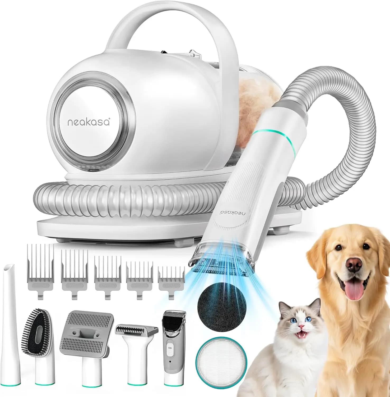 Kit Professionale per la Toelettatura degli Animali con Aspirazione a Vuoto, 5 Strumenti per Cani e Gatti, Design Silenzioso