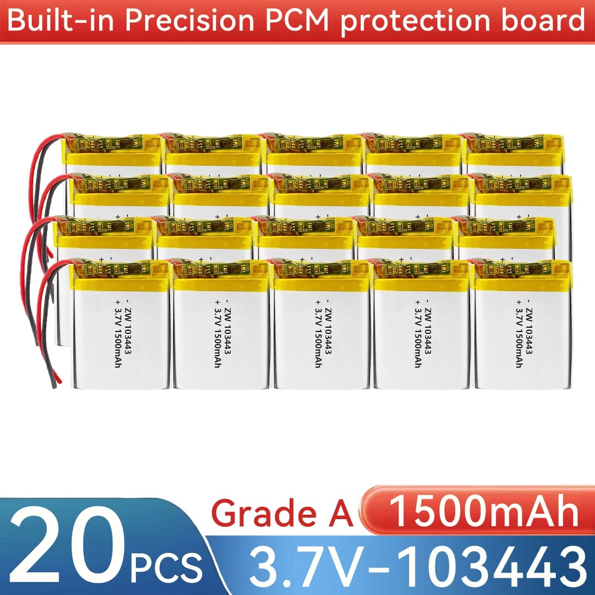 Batteria Ricaricabile Li-Polimero 1500mAh 3.7V con Connettore JST1.25mm PH2.0mm XH2.54mm Compatibile con Modelli 603443 703443 803443