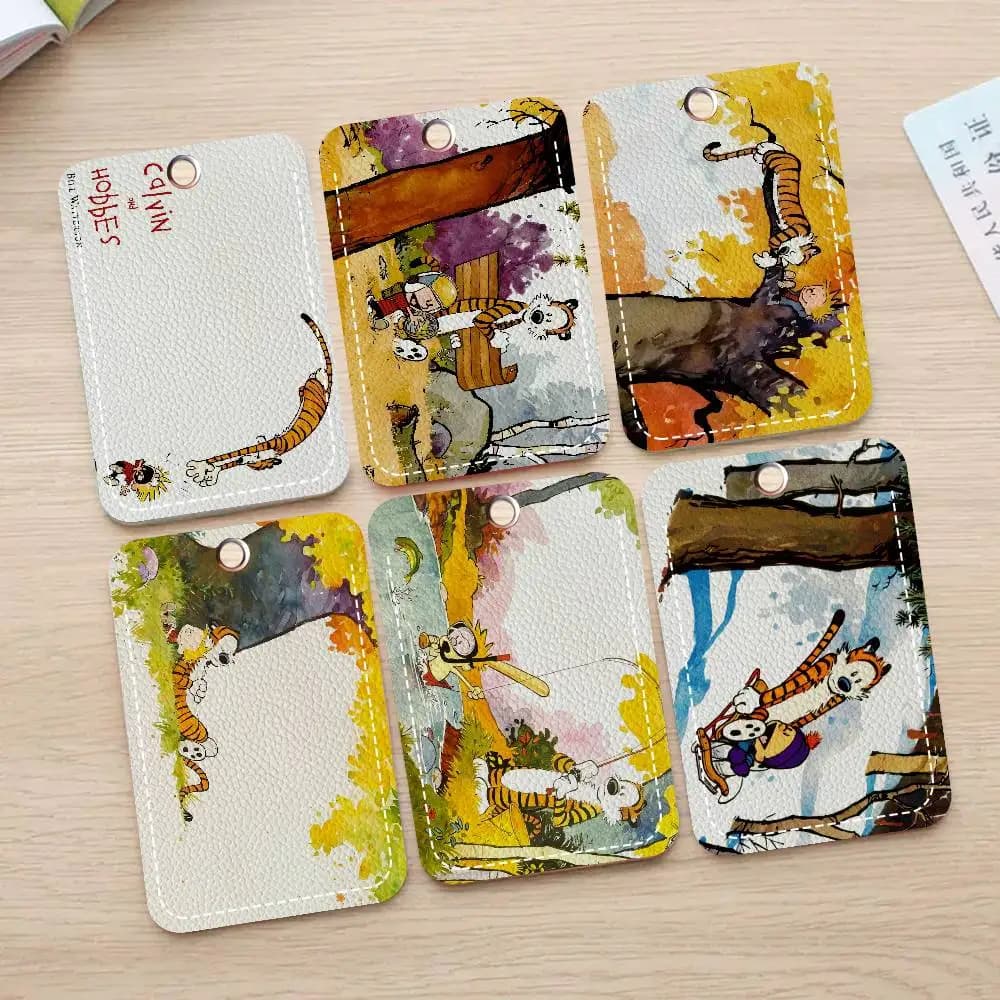 PU Leather Keychain with Card Holder 'C-Calvin and H-Hobbes', Key Ring for Locks and Badge ID