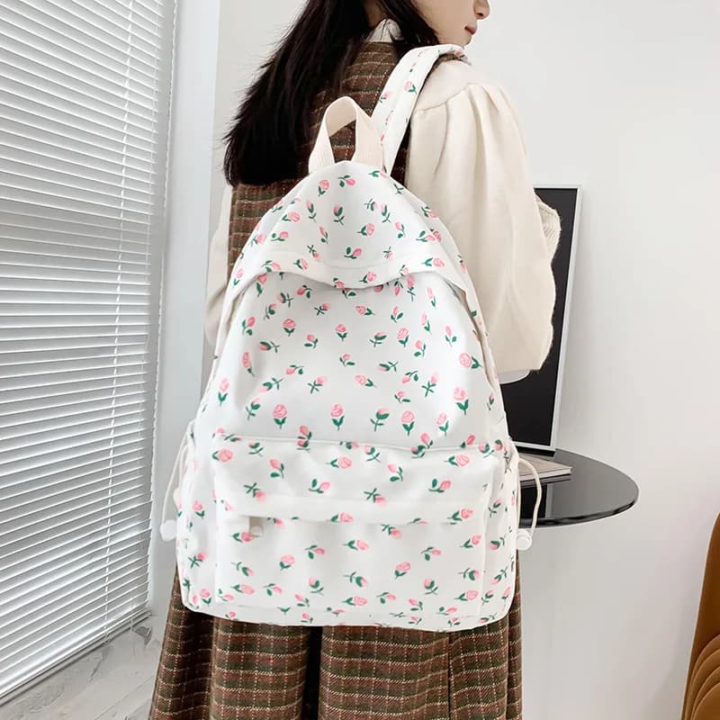 Zaino da donna con stampa floreale, zaino casual in tela con motivo tulipano rosa, borsa da scuola con coulisse per studenti