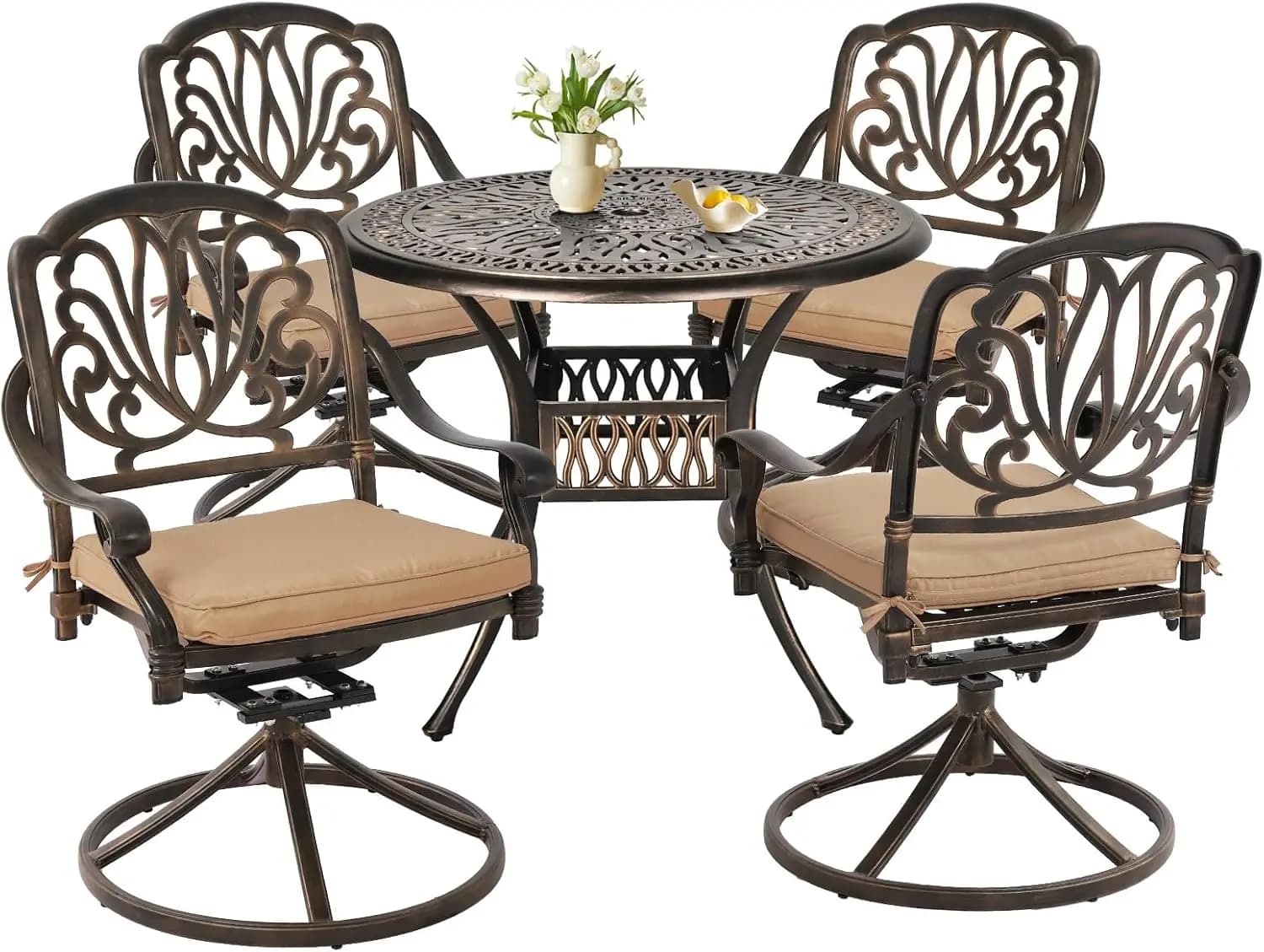 Set da Pranzo da Esterno in 5 Pezzi, Set da Pranzo in Alluminio Pressofuso per Patio, Tavolo e Sedie da Esterno, 4 Sedie Girevoli con Cuscini