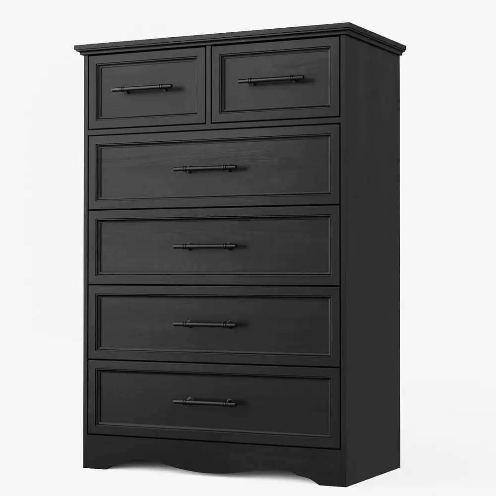 Cassettiera Nera Armhouse per Camera da Letto, Cassettiera a 6 Cassetti, Cassettiera Alta 44 con Maniglie in Metallo Spazzolato, Organizzatori per Armadio in Legno