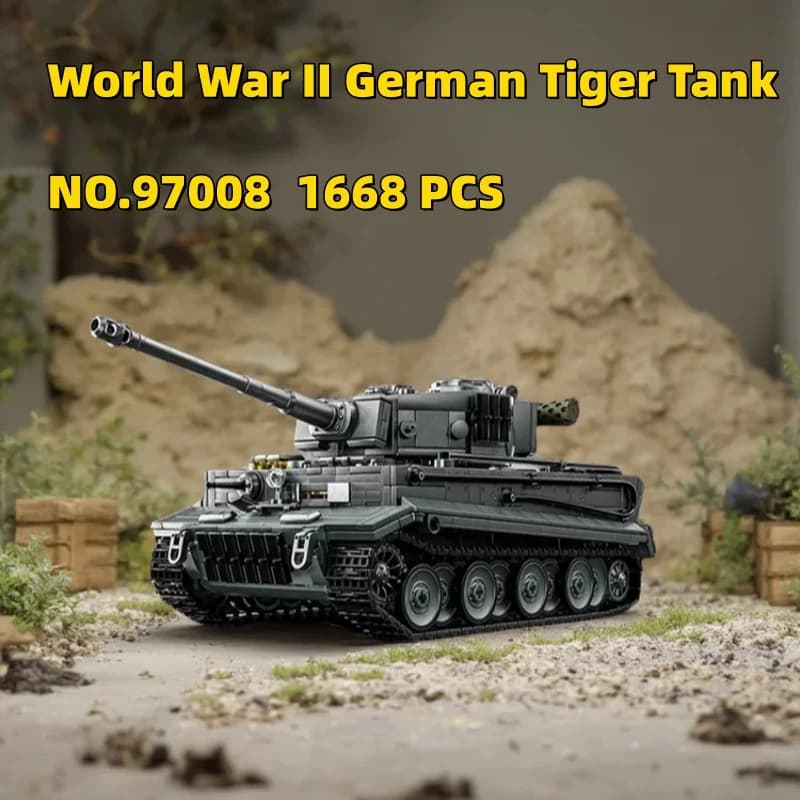 Set di Costruzioni Storiche Militari Educativi: Carro Armato Tedesco Tiger NO.97008 della Seconda Guerra Mondiale, 1668 Pezzi