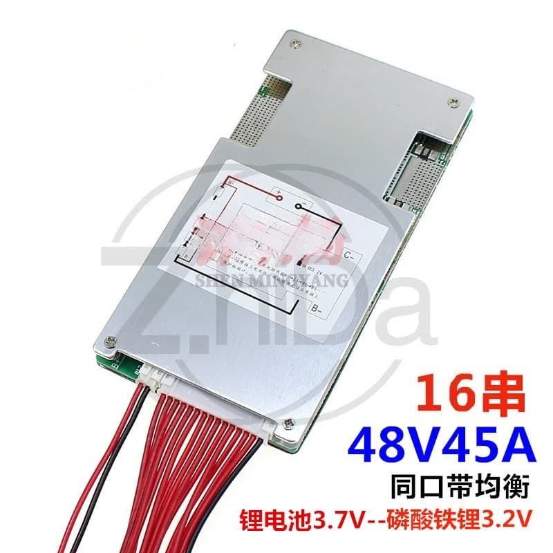Scheda di protezione BMS per batterie al litio ferro fosfato da 48V (3.2V) a 16 celle con bilanciamento, per veicoli elettrici, tricicli e motociclette
