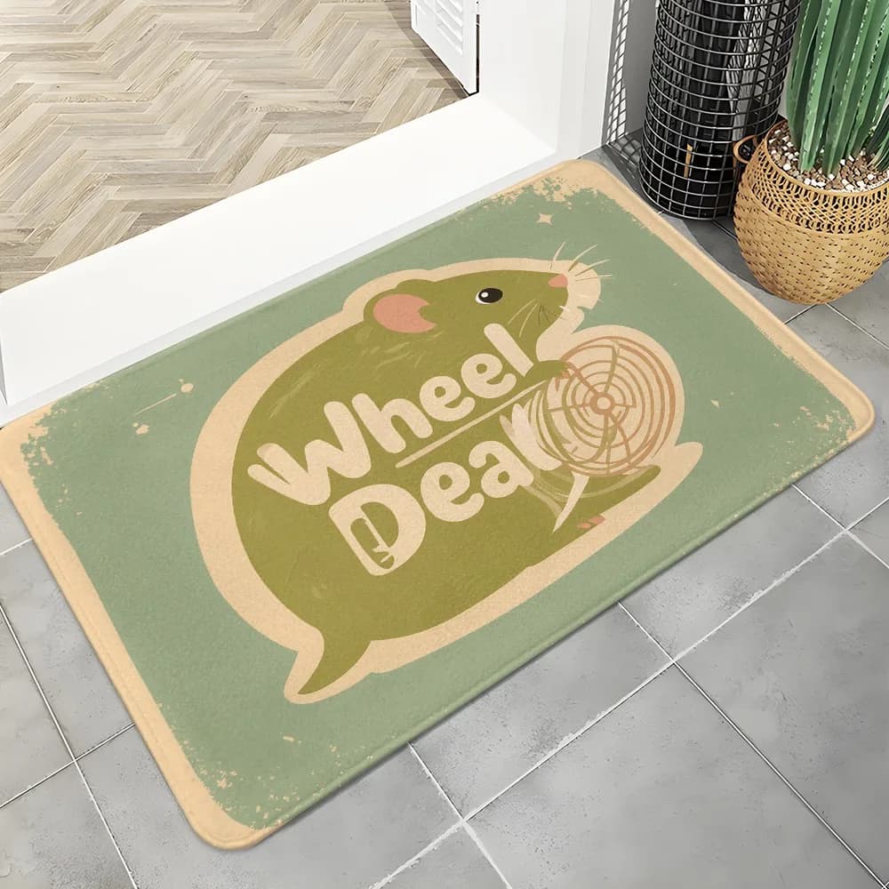 "Wheel Deal" - Anti-slip flannel with hamster illustration and wheel for exercises, for entrance, kitchen, bathroom, living room