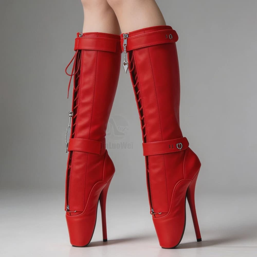 JIALUOWEI Fetish Ballet Knee Boots With Shoe Pain Strap With Hidden Lace Lock