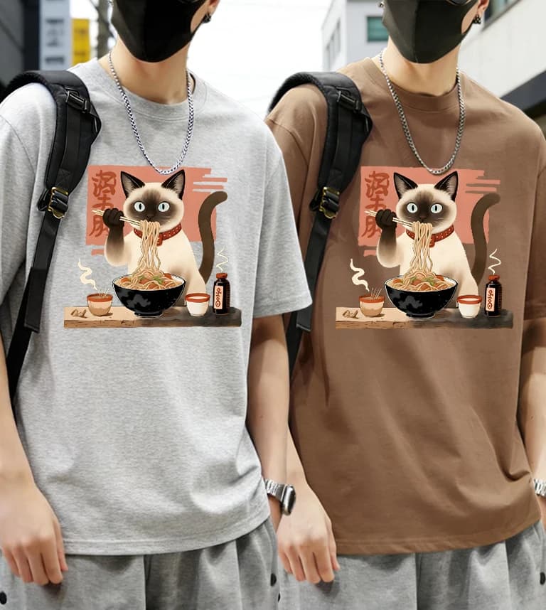 Men's Summer T-shirt Set Breathable Cotton With Print 'Siamese Cats Like To Eat Noodles', Wide Fit, Short Sleeve, Sports Style And Trendy Streetwear
