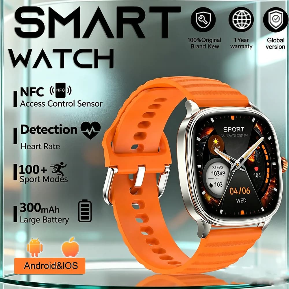 Smartwatch Sportivo Impermeabile IP68, Design Elegante, Schermo HD da 1,73 Pollici, NFC, Controllo Vocale AI, Musica, Meteo, Gestione della Salute Quotidiana