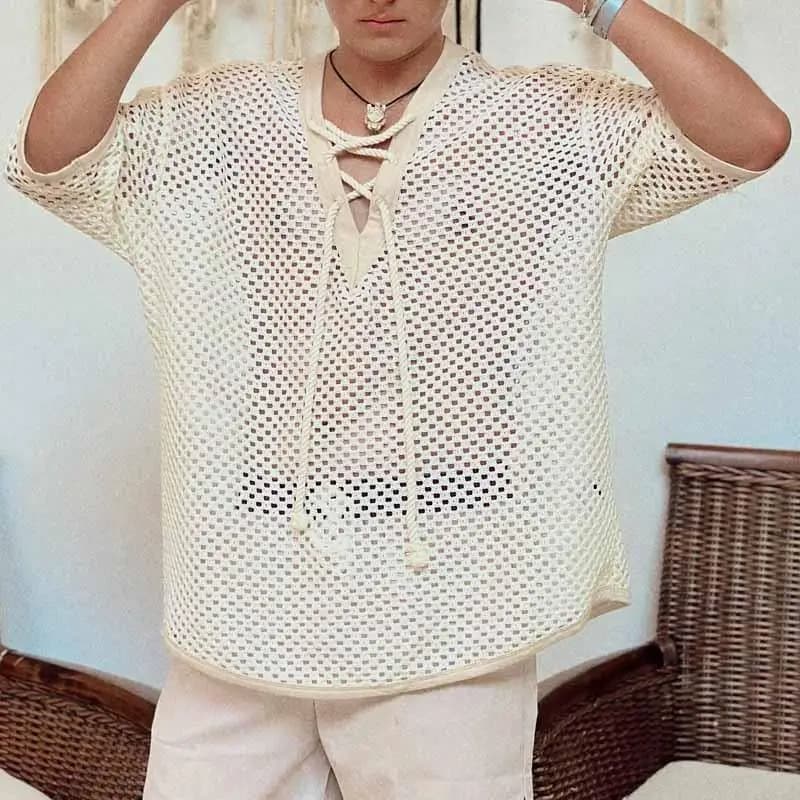 Summer Cross-Border Hollow Fishing Net Knitted V-Neck Short Sleeve Men's Casual Fashion Lazy Style Sweatshirt Hook Flower Hol...