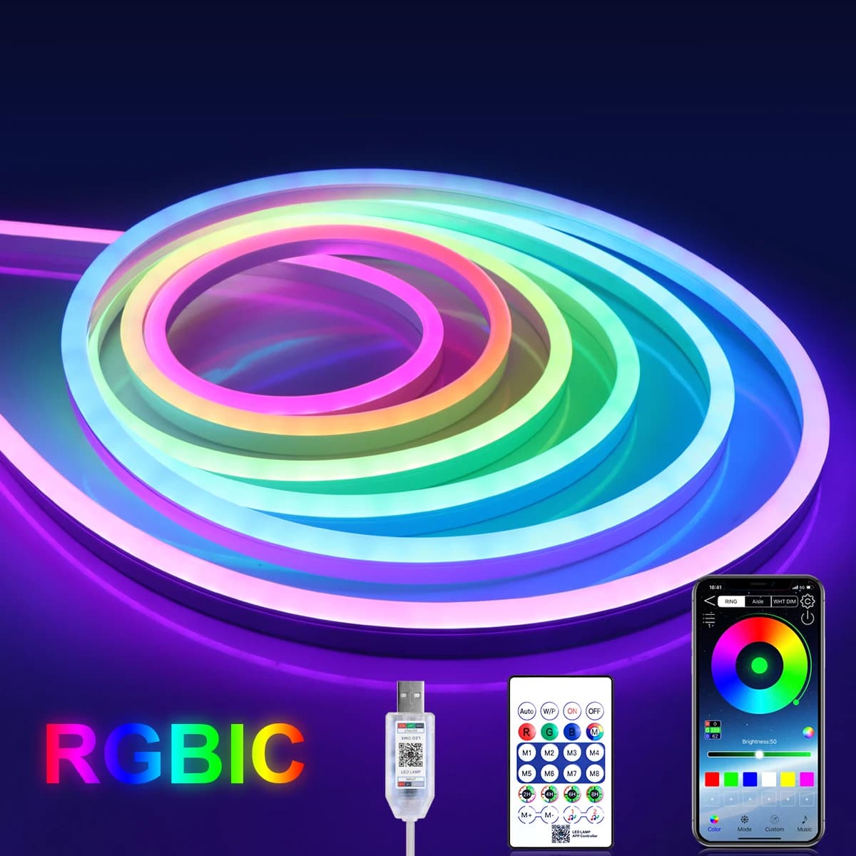 Striscia LED Neon RGBIC Intelligente con Controllo APP, Sincronizzazione Musicale, USB 5V Impermeabile, per Decorazione Camera da Letto e Sala Giochi, 2/3/5/10M