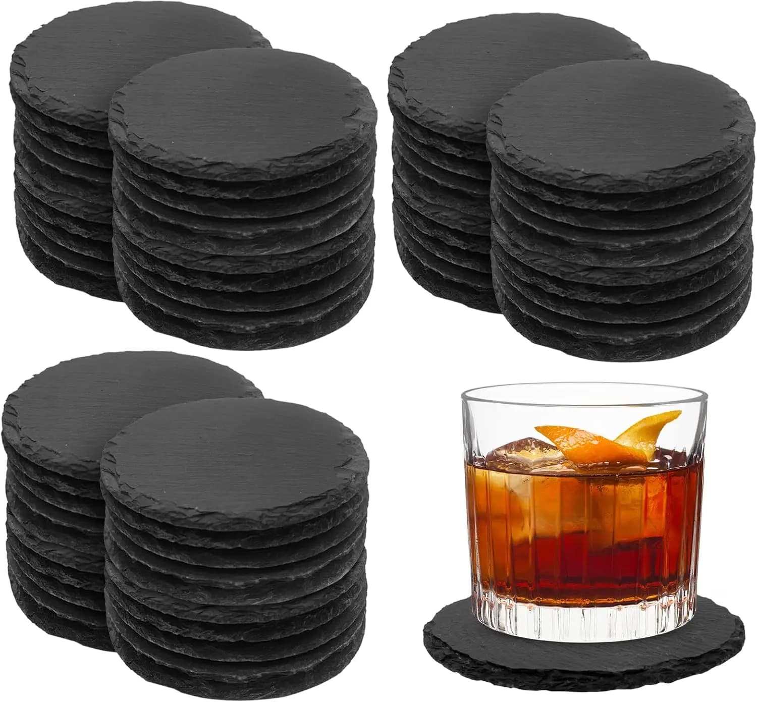 Set of 60 Subsidiaries in Ardesia, 4 Inches, in Black Stone with Laser Engraving and Anti-scratch Base for Home, Office, Kitchen, Bar