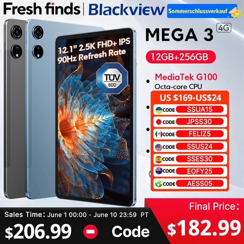 Nuovo Tablet Blackview MEGA 3 12.1" Display 2.5K 90Hz Android 15 8800mAh Ricarica Rapida 33W 12GB 256GB Fotocamera 50MP