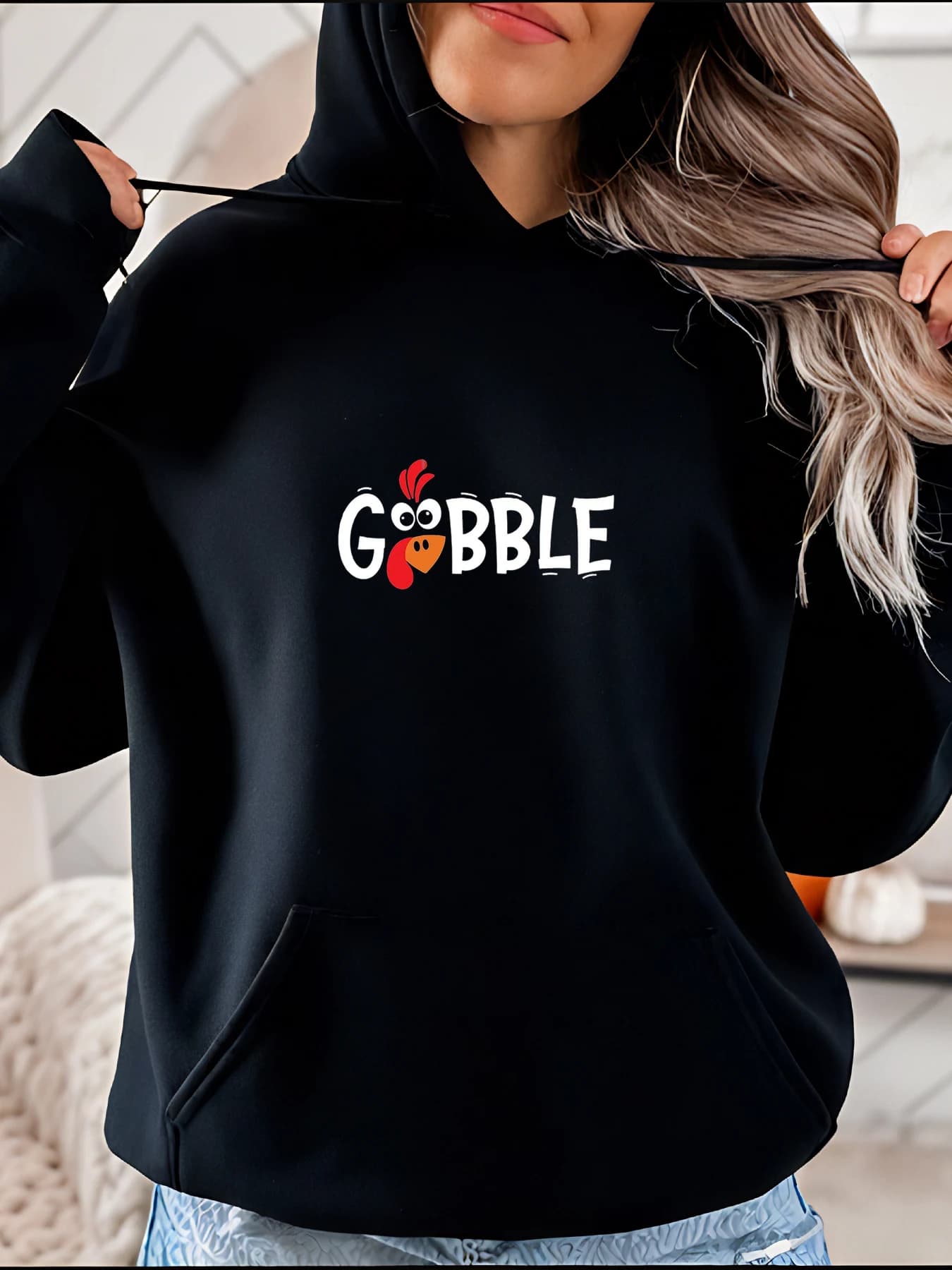 Women's Black Hooded Sweatshirt Turkey Print Casual Autumn Winter Women's Dress for Thanksgiving