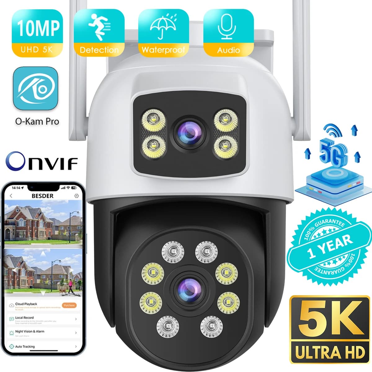 10MP 5K PTZ WiFi Telecamera IP Protezione di sicurezza Schermo a doppio obiettivo Visione notturna a colori Tracciamento automatico Telecamera di sorveglianza CCTV O-KAM Pro