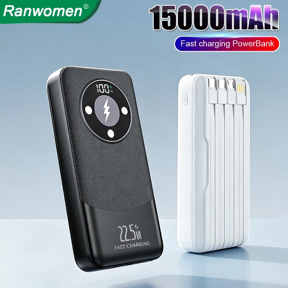 15000mAh 30000mAh 4 in 1 Portable Power Bank With USB Type C Fast Charging Cable For iPhone 17 Xiaomi Huawei Universal PowerBank