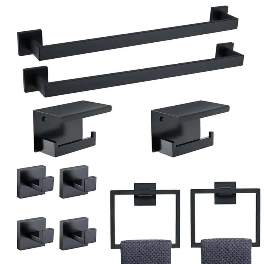 Set di accessori da bagno neri da 10 pezzi in acciaio inossidabile SUS304, 2 portasciugamani da 23,6 pollici, 2 anelli portasciugamani, 2 portarotoli di carta igienica e 4 accessori per WC.