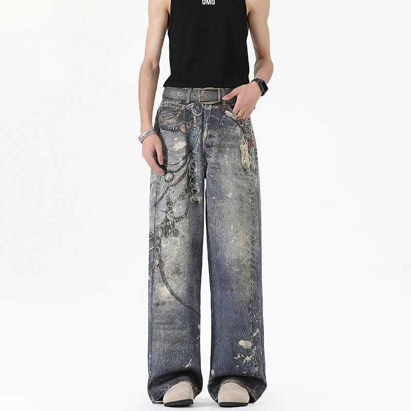 2026 dei nuovi uomini 3D catena stampata jeans larghi primavera casual baggy pantaloni di jeans dritti donna High Street blu a gamba larga Y2K Jean