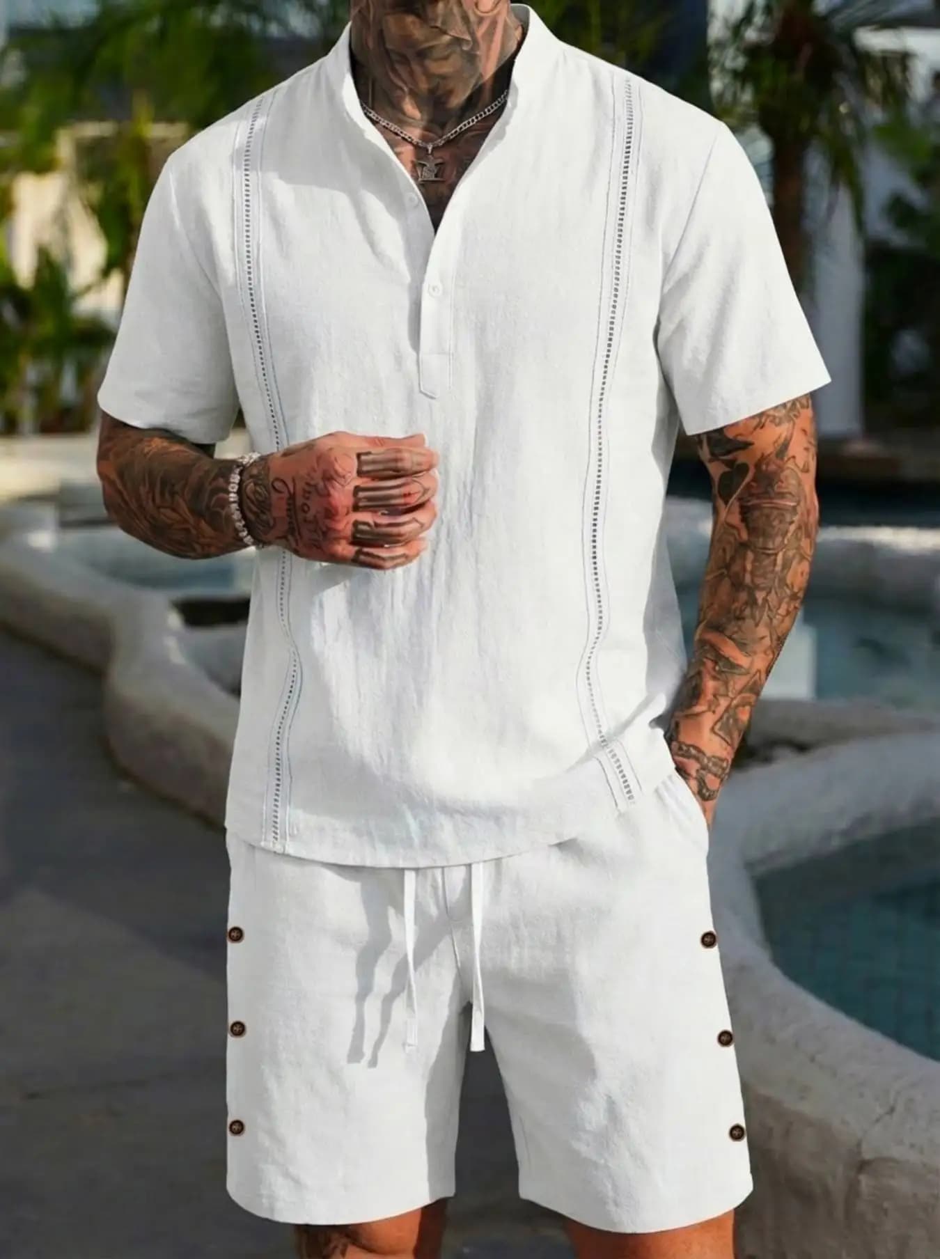Completo da uomo estivo casual da spiaggia 2026: camicia a maniche corte con colletto Henley in cotone e lino tinta unita + pantaloncini (2 pezzi)