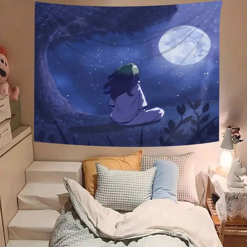 VIKAMA Moonlight Big Tree Alone Girl Heals anime Animation Tapestry Hanging Cloth Chaoku Wall Decoration Room Decoration