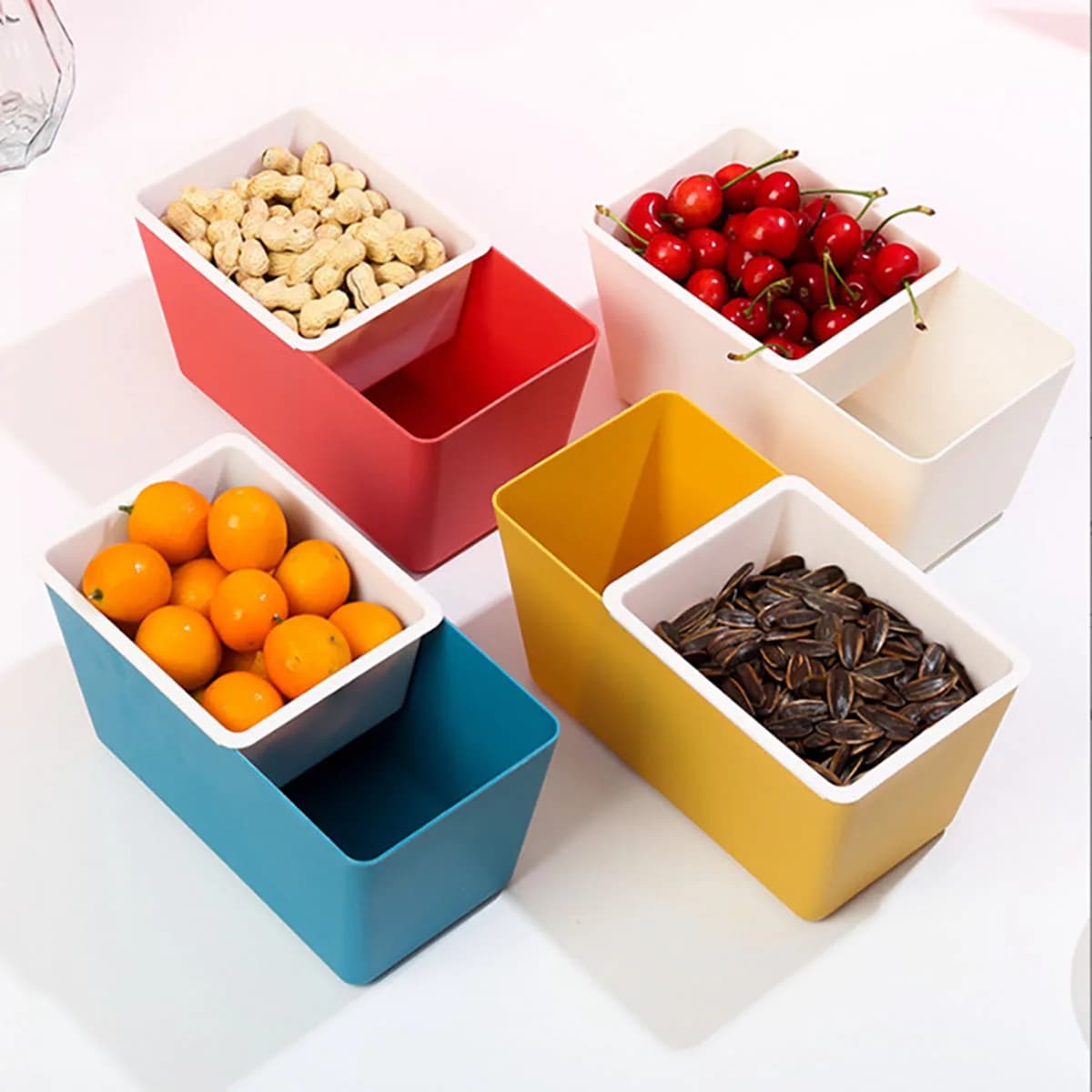 Scatola per snack a doppio strato per uso domestico Scatola per semi di melone Vassoio per frutta gocciolante quadrato Scatola per frutta secca per snack di caramelle